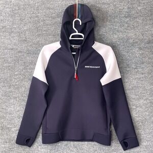 BMW Motorsport Mens Navy White Quarter Zip Hoodie Sweatshirt Thumbholes
